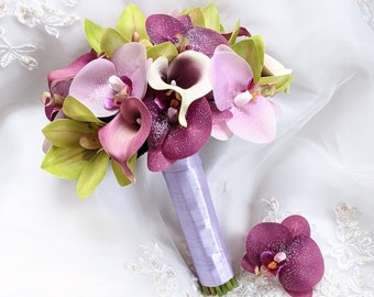 Silk wedding bouquet Natural Touch Lavender  purple and Green Orchids and Picasso purple Calla Lilies Bridal Wedding Bouquet Set