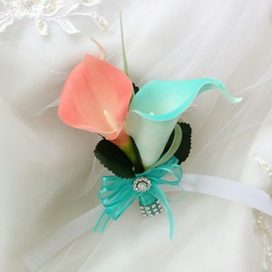 Wedding Natural Touch Coral and Turquoise Calla Lilies Corsage - Silk wedding Corsage