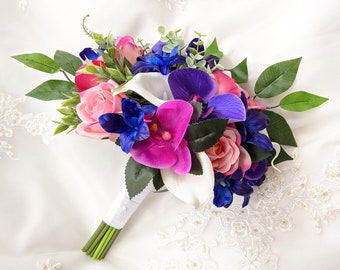 Wedding Natural Touch Blue Purple dendrobium orchids White calla Lilies Purple Fuchsia Orchids Hot Pink Roses Greenery Silk Wedding Bouquet