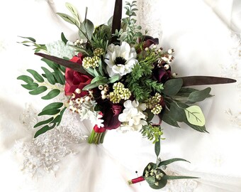 Burgundy Wine Eggplant Ivory Roses orchids Anemones Calla Lilies Hydrangeas  Grey Dusty Miller Eucalyptus Boho Silk Wedding Bouquet Set