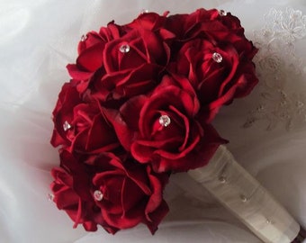 Wedding Real Touch Red Roses and clear gems Bridal Wedding Bouquet Silk wedding Bouquet