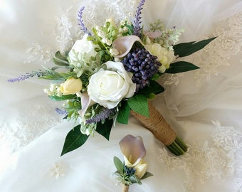 Boho Garden Inspired Wedding Natural Touch Lilac Lavender Roses Tulips callas Hydrangeas Eucalyptus Dusty Miller Silk Wedding Bouquet Set