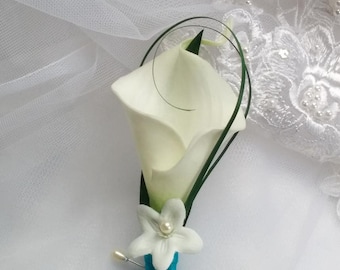 Wedding Natural Touch Ivory Calla Lily with Silk Stephanotis with Pearl Center and Turquoise Aqua Ribbon Silk Boutonniere