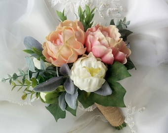 Wedding Boho Bouquet Natural Touch Ivory Peonies and Blush Pink Peonies with Faux Lambs Ear Eucalyptus and grape leaves Silk Wedding Bouquet