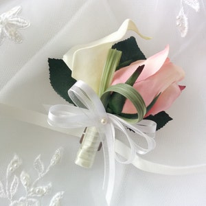 Wedding Natural Touch Ivory Calla Lily and Pink Rose Corsage - Silk wedding Corsage