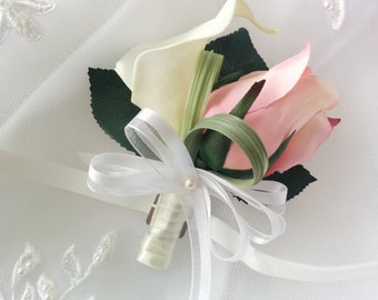 Wedding Natural Touch Ivory Calla Lily and Pink Rose Corsage - Silk wedding Corsage