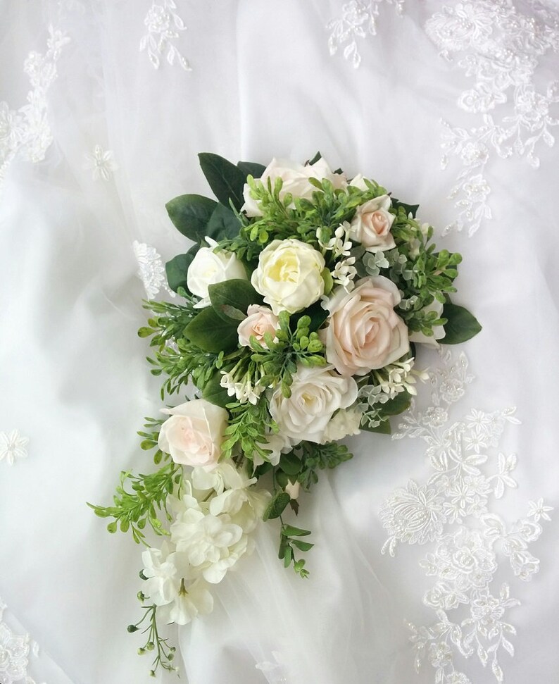 Wedding Natural Touch Blush light Pink Roses with Ivory Peonies and Roses Cascade Wedding Bouquet