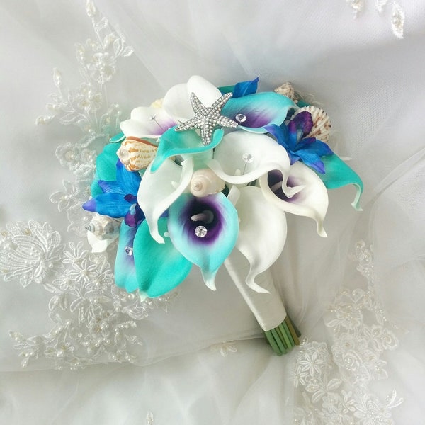 Silk wedding bouquet Natural Touch Turquoise Blue Purple Ivory Calla Lilies and Orchids Seashells Rhinestone Starfish Bridal Bouquet