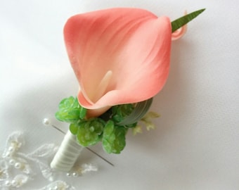 Wedding Natural Touch Coral Peach Calla Lily with succulents and dusty miller leaves Silk Boutonniere