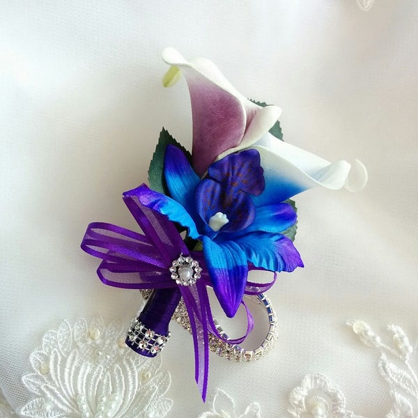 Wedding Blue Purple Singapore Galaxy Dendrobium Orchid with Blue and Purple Picasso Calla Lilies Rhinestone Bracelet Corsage - Silk Corsage