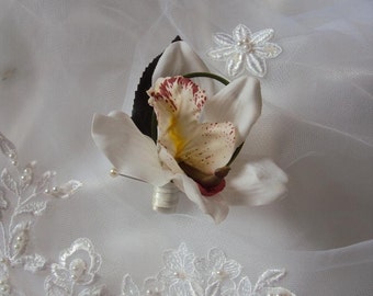 Wedding Real Touch White Cymbidium Orchid Boutonniere Silk Wedding Boutonniere