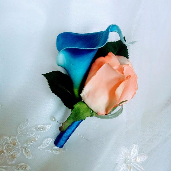 Wedding Natural Touch Royal Blue Calla Lily and Natural Touch Orange Rose Silk Boutonniere