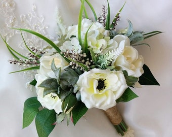 Rustic Boho Garden Inspired Wedding Natural Touch Ivory Roses Gardenias Anemones Hydrangeas Eucalyptus Dusty Miller Silk Wedding Bouquet