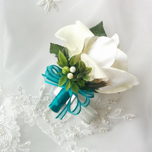 Wedding Natural Touch Ivory Calla Lily and Natural Touch Ivory Rose Corsage - Silk wedding Corsage