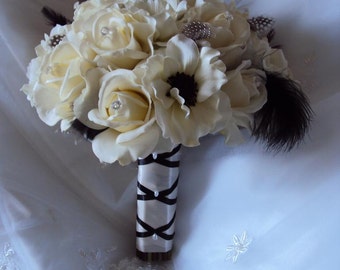 Wedding Silk Ivory Anemones & Real Touch Ivory Roses Wedding Bouquet with Black Ostrich Feathers/Guinea Feathers - Matching Boutonniere
