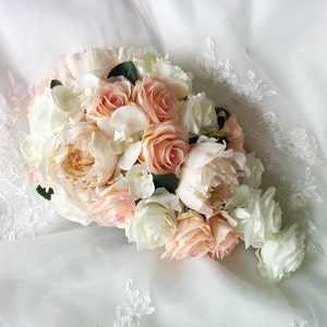 Wedding Natural Touch White Phalaenopsis orchids Silk Soft Pink Blush and Ivory Roses, Silk Champagne Cream Peonies Cascade Wedding Bouquet image 3
