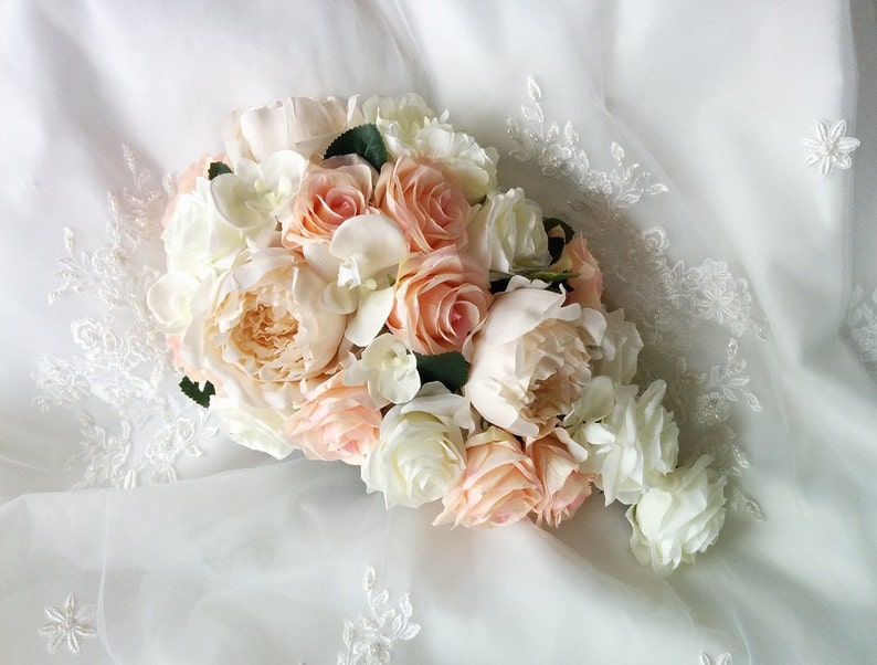 Wedding Natural Touch White Phalaenopsis orchids Silk Soft Pink Blush and Ivory Roses, Silk Champagne Cream Peonies Cascade Wedding Bouquet image 3