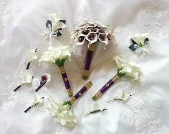 12 Pc Natural Touch Calla Lilies Wedding Purple Flowers Package Set  - Different Colours Available