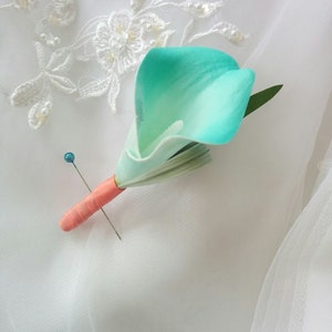Wedding Natural Touch Turquoise Calla Lily with Coral Satin Ribbon Silk Boutonniere