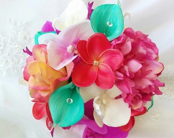 Silk Wedding Bouquet Natural Touch Turquoise Calla Lilies, Pink Plumerias, white Fuschia Orchids, coral roses, Pink Peony Bridesmaid Bouquet