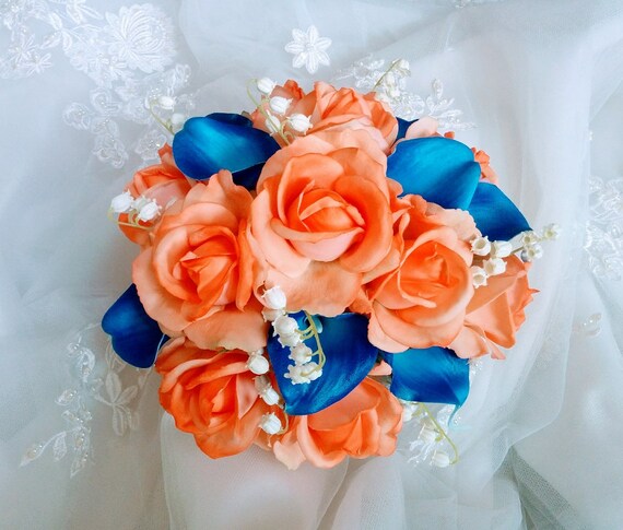 Silk Wedding Bouquet Natural Touch Orange Roses And Royal Blue Etsy