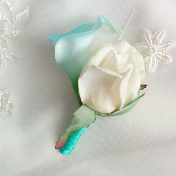 Wedding Natural Touch Aqua Aruba Blue Turquoise Calla Lily and Natural Touch White Rose Silk Boutonniere