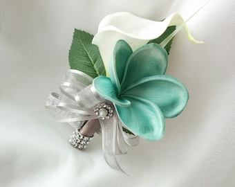 Wedding Natural Touch Ivory Calla Lily and Oasis Teal Plumeria Silk Wedding Beach Corsage