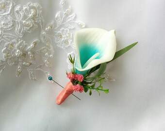 Wedding Natural Touch Turquoise Tiffany Aqua Picasso Calla Lily with Coral Accents and Greenery Boutonniere - Silk wedding Boutonniere