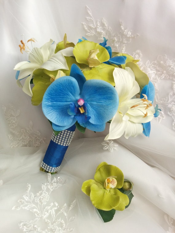 Wedding Natural Touch Blue Orchids Green Orchids and Silk Etsy