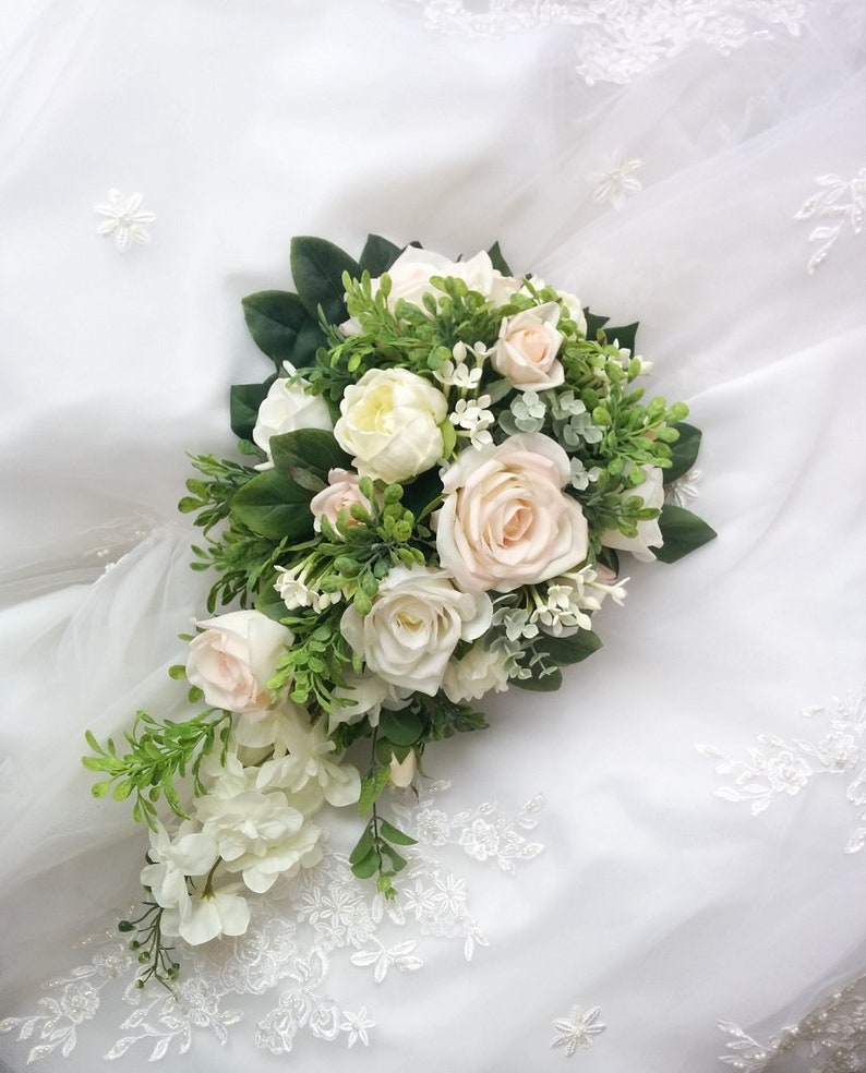 Wedding Natural Touch Blush light Pink Roses with Ivory Peonies and Roses Cascade Wedding Bouquet