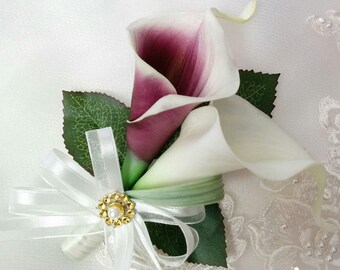 Wedding Natural Touch Purple Picasso and Ivory Calla Lilies Corsage - Silk Beach wedding Corsage