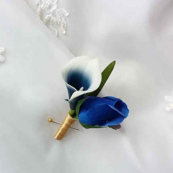 Wedding Natural Touch Navy Picasso Calla Lily and Natural Touch Navy Rose Silk Boutonniere