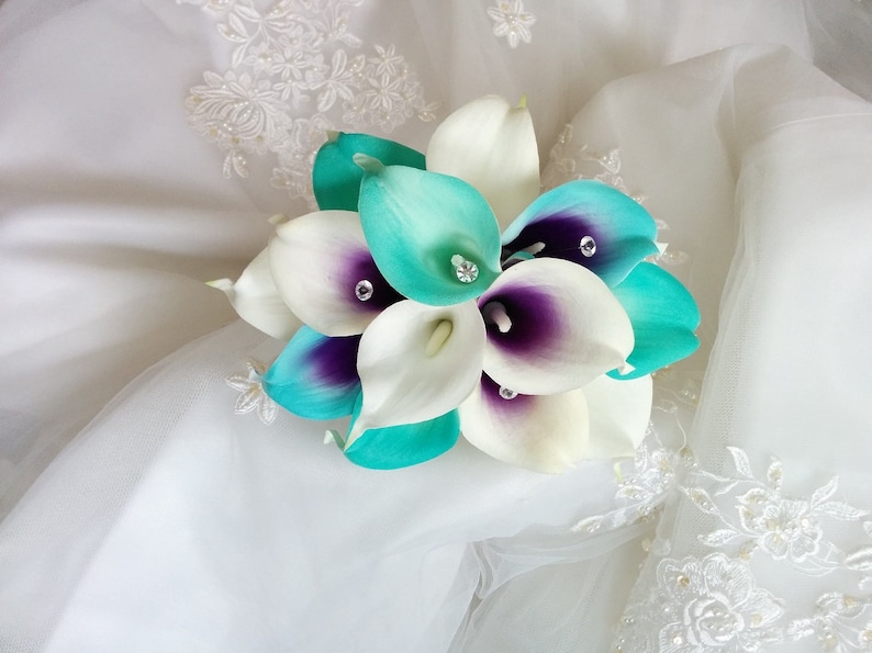 Silk wedding bouquet Natural Touch Turquoise Blue Purple Ivory Calla Lilies Bridesmaid Bouquet