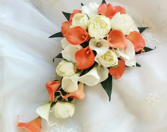 Wedding Natural Touch Ivory White Calla Lilies and Peonies with Natural Touch Coral Calla Lilies Cascade Wedding Silk Bouquet