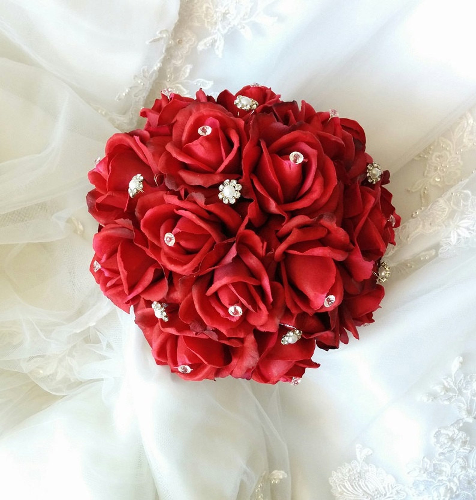 Wedding Real Touch Red Roses With Clear Gems and Pearls Bridal Etsy