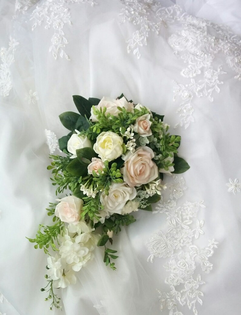 Wedding Natural Touch Blush light Pink Roses with Ivory Peonies and Roses Cascade Wedding Bouquet