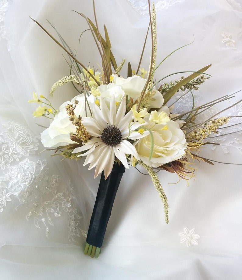 and wildflowers sprays Silk Rustic Bridal Wedding Bouquet Wedding Silk Wild Flowers Ivory Roses silk Black Eyed Susans