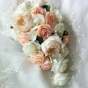 Wedding Natural Touch White Phalaenopsis orchids Silk Soft Pink Blush and Ivory Roses, Silk Champagne Cream Peonies Cascade Wedding Bouquet image 2