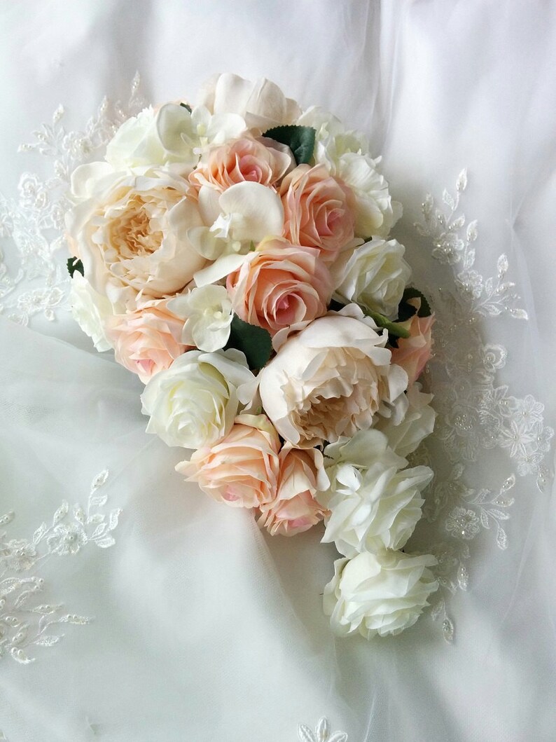 Wedding Natural Touch White Phalaenopsis orchids Silk Soft Pink Blush and Ivory Roses, Silk Champagne Cream Peonies Cascade Wedding Bouquet image 2