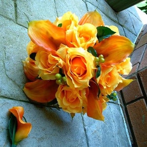 Wedding Silk Real Touch Flamed Orange Calla Lilies and Silk Yellow Roses Wedding Bouquet image 2