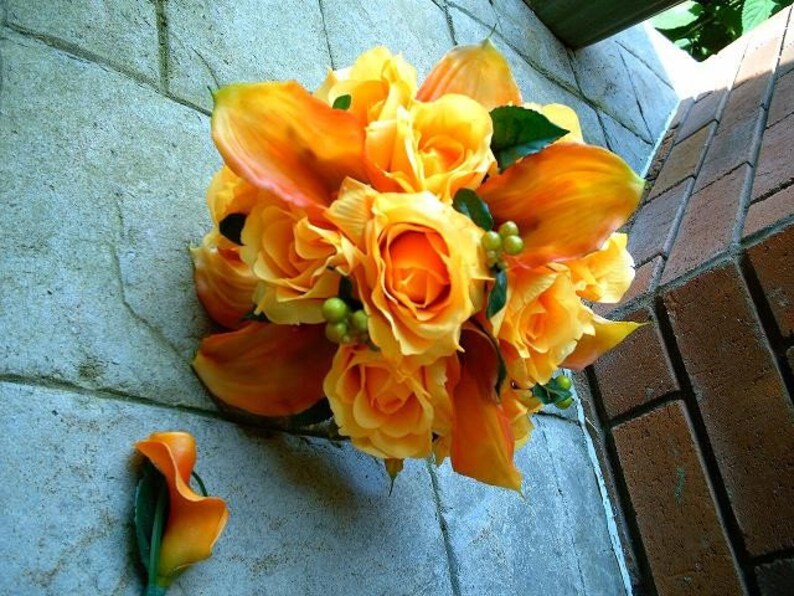 Wedding Silk Real Touch Flamed Orange Calla Lilies and Silk Yellow Roses Wedding Bouquet image 2