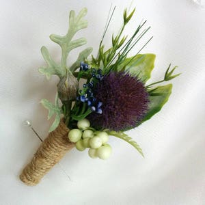 Scottish Purple Thistle with Wildflower accents Silk Boutonniere - Rustic Silk wedding Boutonniere