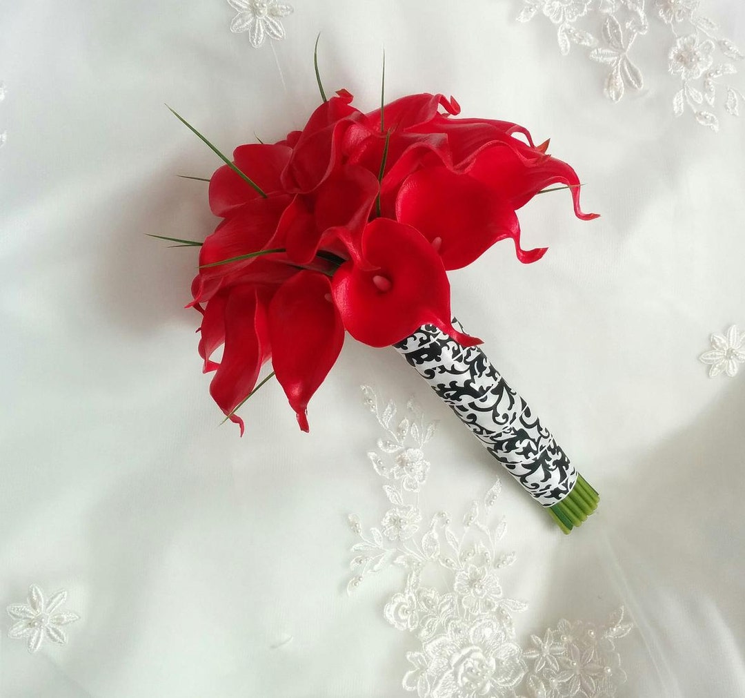 Silk Wedding Bouquet Natural Touch Red Calla Lilies With Damask Satin ...