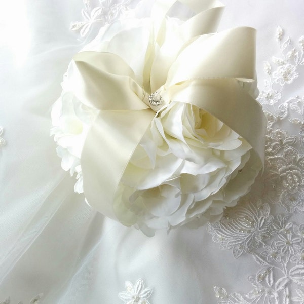 Flower Girl Pomander Ivory Kissing Ball - Ivory Silk Roses - silk Wedding Flowers