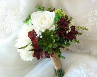Natural Touch Burgundy Wine and Ivory Roses Hydrangeas Peonies and Mixed Succulents Boho Rustic Bridesmaid Wedding Bouquet