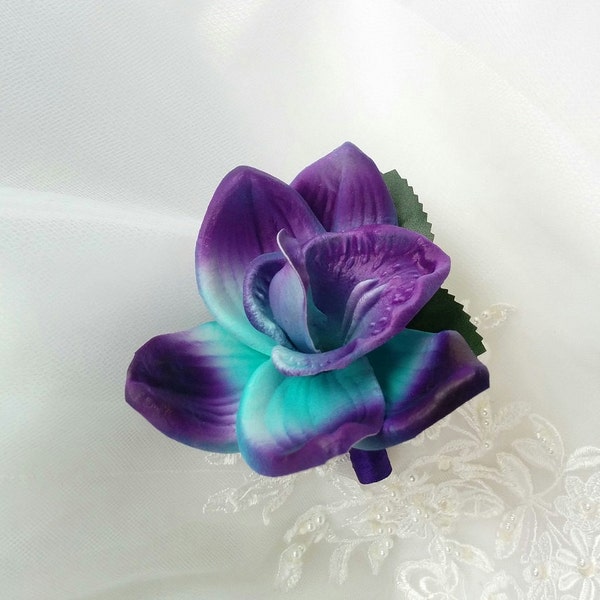 Wedding Natural Touch Turquoise Blue Aqua Purple Dendrobium Orchid Boutonniere - Silk wedding Boutonniere