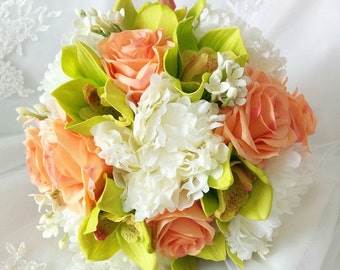 Wedding Beautiful Real Coral/Peach Silk Roses, Silk Ivory Peonies and Real Touch Green Orchids Wedding Bouquet