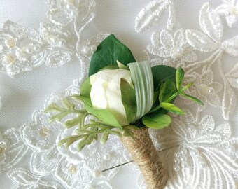 Wedding Rustic Vintage Boho Garden Natural Touch Ivory Peony Bud and Eucalyptus Boutonniere