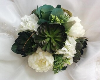 Wedding Natural Touch Succulents with Silk Ivory Peonies and Hydrangeas Silk Rustic Wedding Bouquet