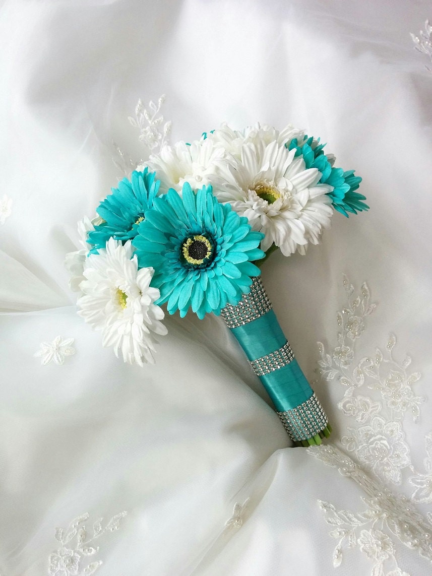 Silk Wedding Bouquet Aruba Turquoise Aqua Blue and White - Etsy